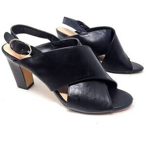 Kelly & Katy Black Sandals Heels Faux Leather Buckle Shoe Gifts Women's Size 11
